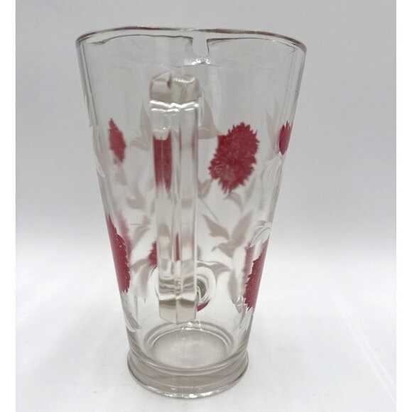 Vintage Heavy Glass Pitcher Clear Glass Pitcher Red Floral Print with Ice Lip - Picture 2 of 7